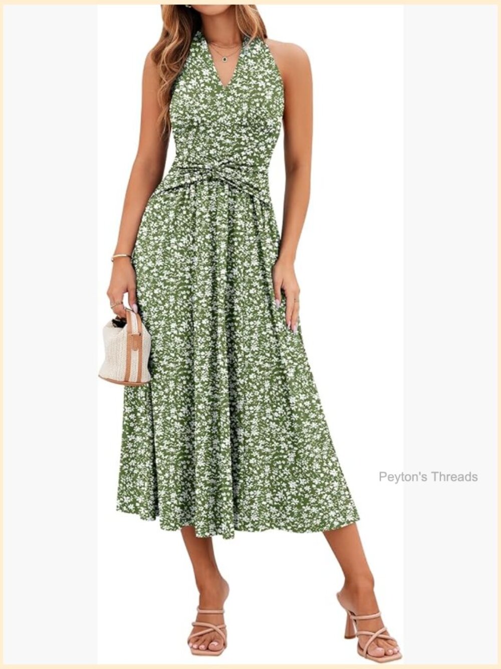 V Neck Midi Dress with Pockets Sleeveless Twist Waist Pleated Aline Flowy